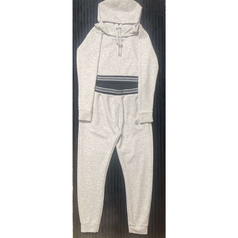 SikSilk Women's Cropped Jacket/Joggers Set Sz 8 Gray Black & White Striped Logo